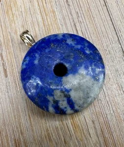 Vintage 14k Yellow Gold Lapis Lazuli Round Doughnut Pendant - Picture 1 of 7