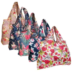 Large Foldable Tote Nylon Reusable Grocery Bags, 5 Pack, Assorted Floral - Picture 1 of 6
