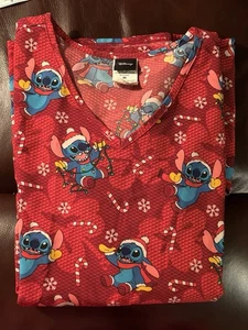 Disney Short Sleeve STITCH Christmas Medical Scrub Top Pockets Red Women Size M - Picture 1 of 17