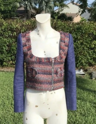 JAQUETA CROPPED MANGA JEANS AZUL TWEED MULTICOLORIDA CARVEN tamanho 36 EUA tamanho 4 - Imagem 1 de 4