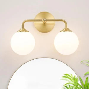 Modern Gold 2-Lights Bathroom Light Fixtures, Brass Vanity Light with Milky W... - Picture 1 of 8