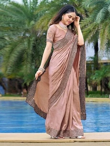 Women's Embroidery Stone Work Vichitra Silk Saree with Unstitched Blouse Piece - Picture 1 of 9