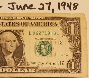 Birthday Anniversary June 27, 1948 $1 DOLLAR Bill Fancy Serial Number L J 2009 - Picture 1 of 4