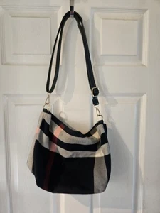 Women's Denim Cotton Feel Blue Grey Striped Fabric Handbag Extendable Strap - Picture 1 of 6
