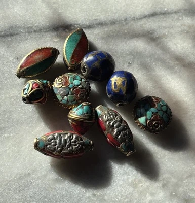 Varios 5 juegos de cuentas tibetanas hechas a mano turquesa coral latón plata CC222 Foto 1 de 3