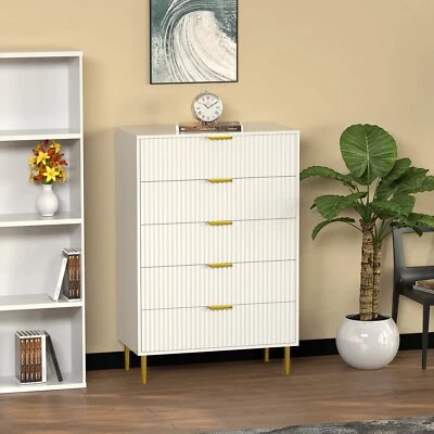 White Wooden Fluted Kitchen Bed Living room Chest of 5 Drawers Dresser Cabinet - Image 1 of 4
