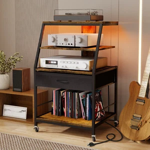 Record Player Stand w/ Drawer Storage | Locking Wheels, Power Strip & LED Lights - Picture 1 of 9