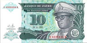 Zaire 10 Nouveaux Zaires 1993, RADAR 7 Digit, 432 5 234 UNC, P-54 - Picture 1 of 4