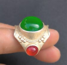 Old Tibetan Silver green red Gemstone Men's and Women's Finger Ring