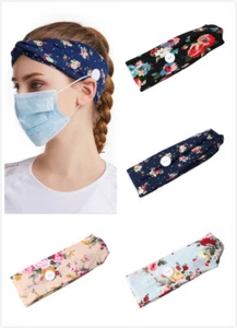 4 Packungen Frauen Elastisch Blumen Stirnband mit Knöpfen Gesichtsmaske Training Headwrap - Bild 1 von 11