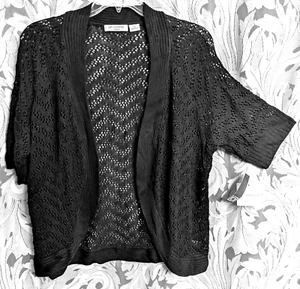 1X LIZ CLAIBORNE BLACK POINTELLE OPEN FRONT SHORT SLEEVE CARDIGAN SWEATER TOP - Picture 1 of 5