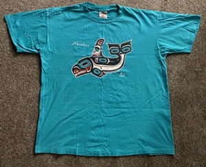 Vintage Alaska Artwork XL Teal Green Single Stich T-shirt Zig Zag By Silkmasters - Picture 1 of 5