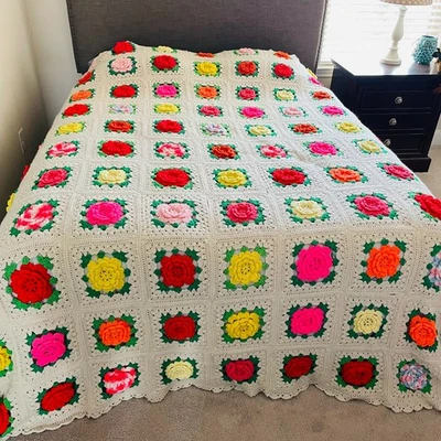 Vintage Handmade The Granny 3D Colorful Roses Square Crochet Blanket Queen Size - Image 1 of 4