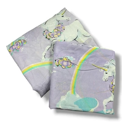 Vtg 1980's Sheet Set Sears Young at Heart Purple Rainbow Unicorn Full Size Flaws - Image 1 of 4