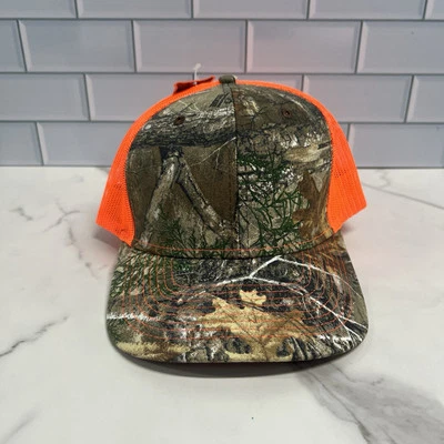 Mens Camo Hat Realtree Orange Trucker Hat Baseball Cap Mid Structured NEW Mesh - Image 1 of 4