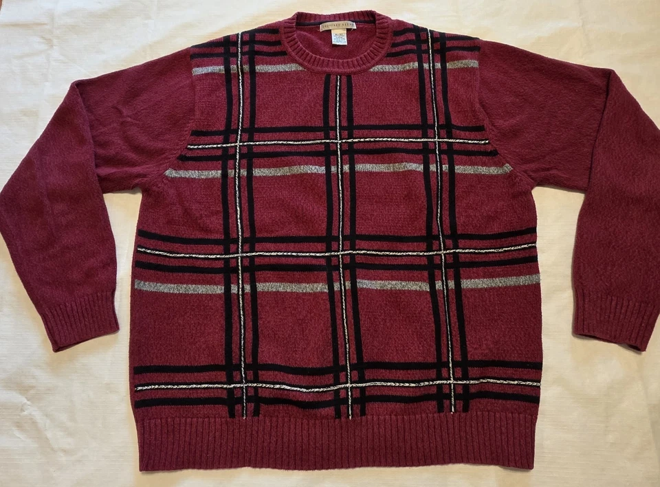 Suéter Tejido De Colección Años 90 - Geoffrey Beene - Rojo Negro Cuadros Para Hombres XL Ecléctico Abuelo Foto 1 de 4