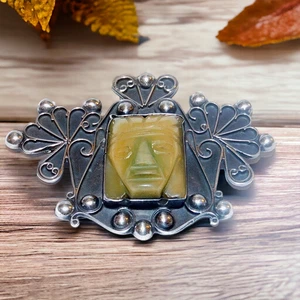 VTG 1940's Mexico Sterling Silver Carved Green Onyx Aztec Warrior Mask Brooch 3" - Picture 1 of 3