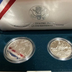 1992-P/S Columbus Quincentenary 2-Coin PR Set Silver Dollar Clad Half, OGP/COA - Picture 1 of 2