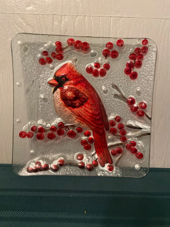 RED CARDINAL w/ BERRIES Square 11” Clear Glass Serving Plate CHRISTMAS - Image 1 of 1