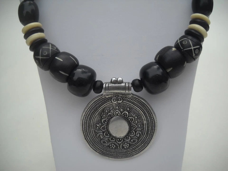 Wood Bead and Pewter Medalian Necklace/Choker - Image 1 of 1