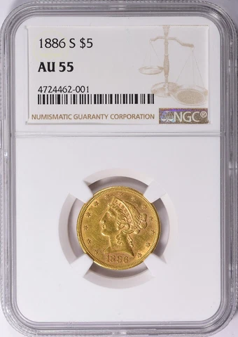 1886-S LIBERTY HEAD $5 HALF EAGLE GOLD NGC AU55 Cover