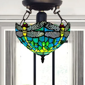 Dragonfly Green Tiffany Ceiling Lamp 10 inch Stained Glass Shade Antique Style - Picture 1 of 13