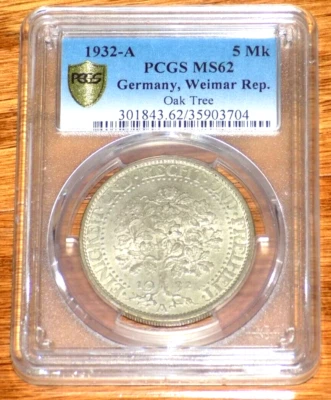 1932A 5 Mark Silver Germany Weimar Republic Oak Tree PCGS MS62 Uncirculated Coin - Image 1 of 4