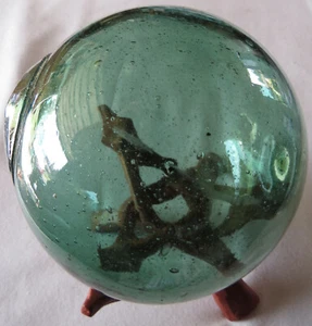 JAPANESE GLASS FISHING FLOAT 5" Deep Sea Green Bubbles Antique +Stand USA BZ - Picture 1 of 9