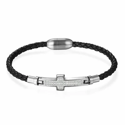 Brazalete cruzado de acero inoxidable cuerda trenzada de cuero hombres mujeres joyería regalo Foto 1 de 4