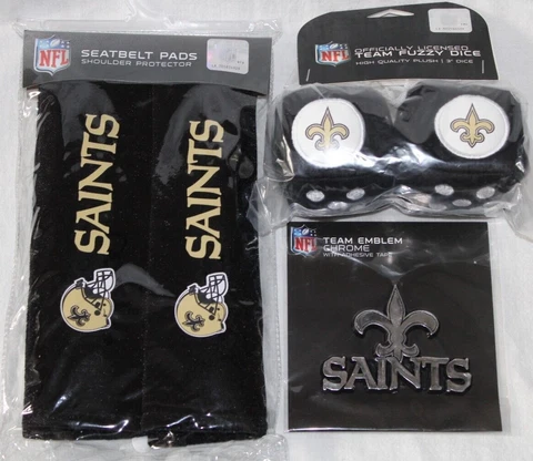 New Orleans Saints Auto Gift Set -Seat Belt Pads-Chrome Decal-Fuzzy Dice- NEW Cover