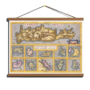 Ancient 1574 Old Antique Map Of Crete & 10 Greek islands; Canvas, Wooden Hanger - Picture 1 of 11
