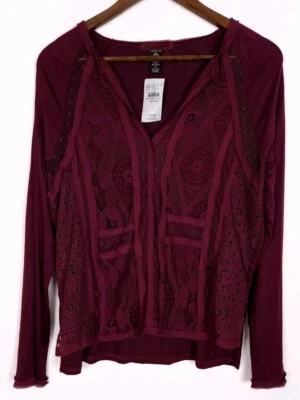 BKE Buckle Burgundy Floral Lace Overlay Long Sleeve Sheer Top NWT Size Medium - Image 1 of 4