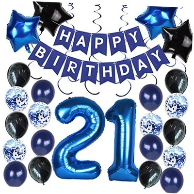 - Blue Number 21 Foil Balloon & Banner for 21st Birthday Decorations - Image 1 of 4