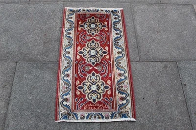 Vintage Hand Made Traditional Rug Oriental Wool Red Small Rug 91x51cm - Image 1 of 4