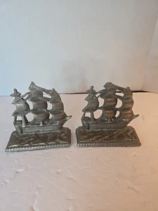 Vintage Cast-Satin Solid Brass Tall Sailing Ship Nautical Bookends 5 LB - Picture 1 of 8