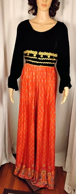 Vtg Sandine Original Sz 11 Jumpsuit 70s Boho Festival Velvet Top Gypsy Union USA - Image 1 of 4