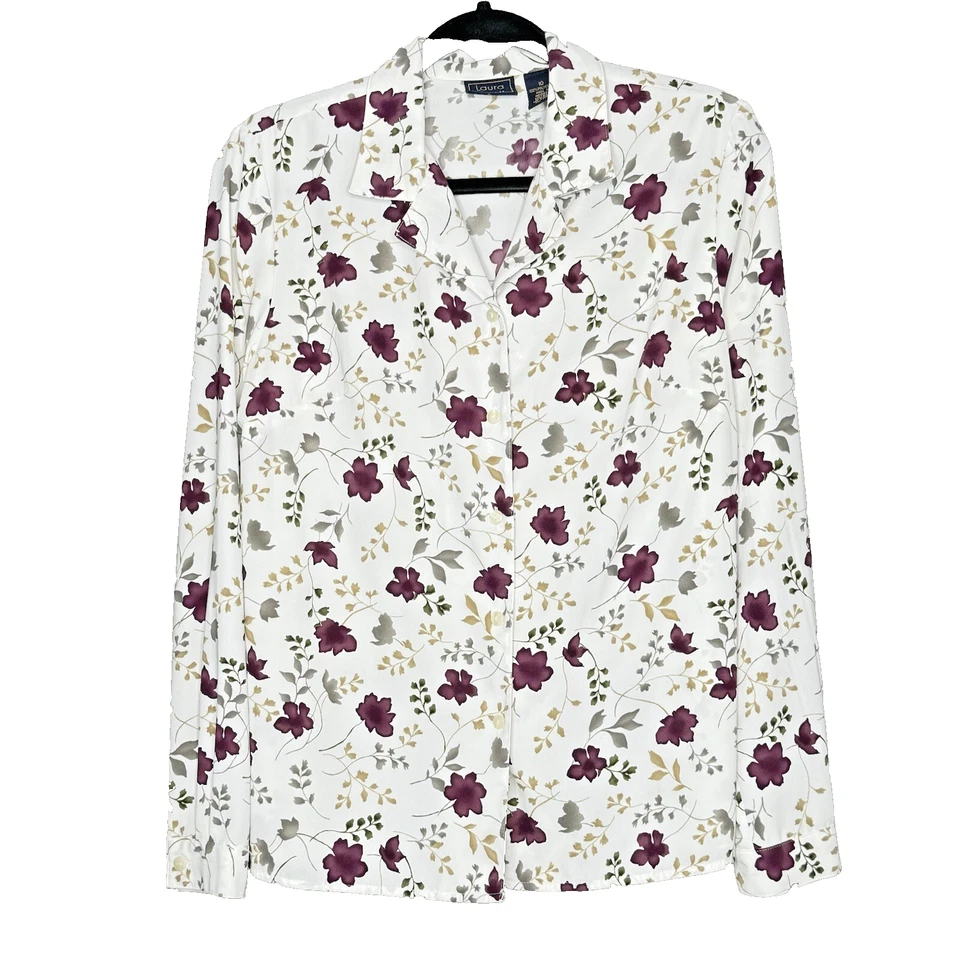 Camisa Top Laura Scott Para Mujer 10 Mediana Blanca Floral Abotonada Manga Larga Cuello en V Foto 1 de 4