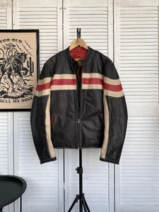 Vintage Cafe Racer Leather Jacket Soft Skin Striped Croped Mens Size M Black Red - Picture 1 of 21
