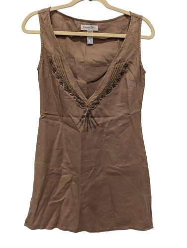 Mini abito Christian Dior lino marrone senza maniche scollo a V paillettes casual taglia 6