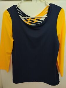 Yoshion Activewear Top Long Sleeve Navy/Orange Sz L Weave Straps Accent 