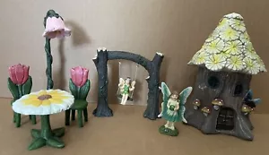 7 pc DAISY Roof FAIRY HOUSE Garden SET Miniature Small Faerie Fairie Swing Table - Picture 1 of 16