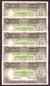 Australia R-34. (1961) 1 Pound. Coombs/Wilson.. Reserve Bank x 5 Notes. VF-gVF - Picture 1 of 2