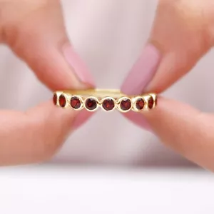 Garnet wedding band Gold Plated 925 Sterling Silver stacking anniversary ring - Picture 1 of 5