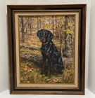 ORIGINAL PAINTING OF A GORDON SETTER DOG  IN FALL WOODS BY JEAN L. O'CONNOR 1981