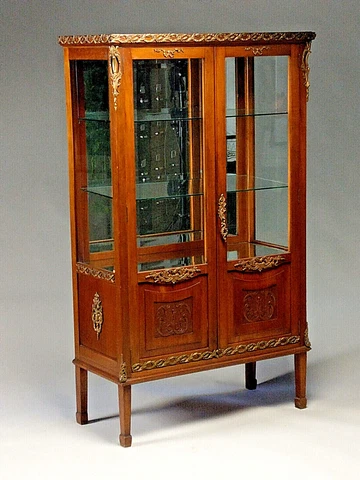 NICE DIMINUTIVE ANTIQUE RESTORATION STYLE WALNUT AND MAHOGANY CHINA CABINET Cover