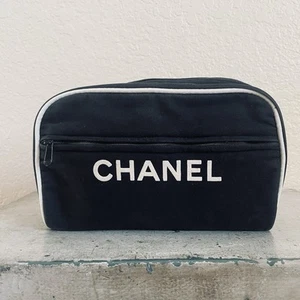 CHANEL VTG 90’s Black & White Canvas Cosmetics Makeup Zip Pouch Clutch Bag - Picture 1 of 11
