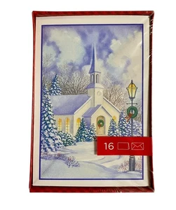 Tarjetas de Navidad Nuevas Selladas Iglesia Campanario Escena de Nieve Dios Te Bendiga 16 Sobres - Imagen 1 de 2