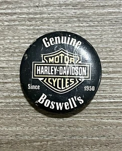 Vintage Harley Davidson Emblem Black pin back button Since 1950 Boswell’s - Picture 1 of 4