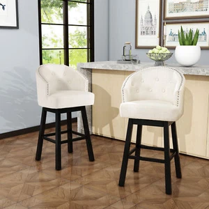 Set of 2 Counter Height Bar Stools Swivel Fabric Barstools 32" Seat Height Beige - Picture 1 of 12