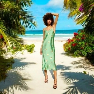 Abito donna ZARA verde raso vestito senza maniche stampa floreale maxi dress boho dress - Foto 1 di 8
